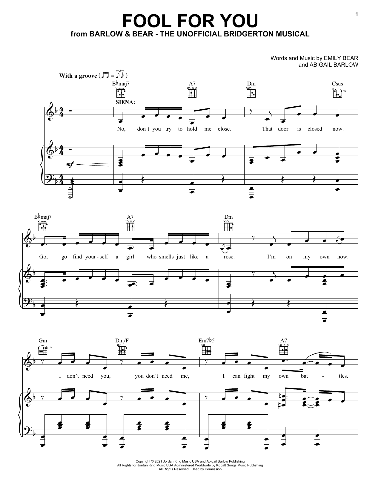 Download Barlow & Bear Fool For You (from The Unofficial Bridgerton Musical) Sheet Music and learn how to play Easy Piano PDF digital score in minutes