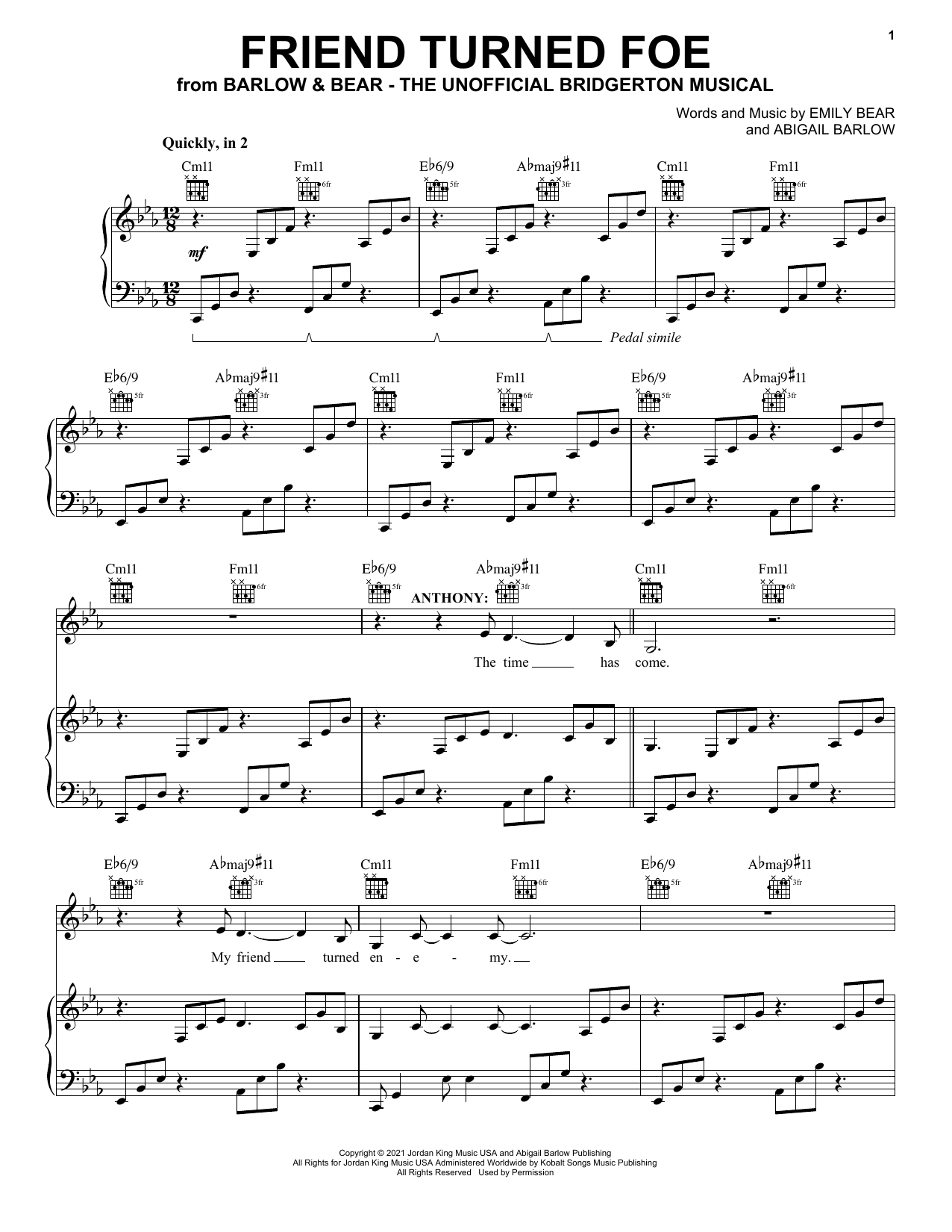 Download Barlow & Bear Friend Turned Foe (from The Unofficial Bridgerton Musical) Sheet Music and learn how to play Easy Piano PDF digital score in minutes