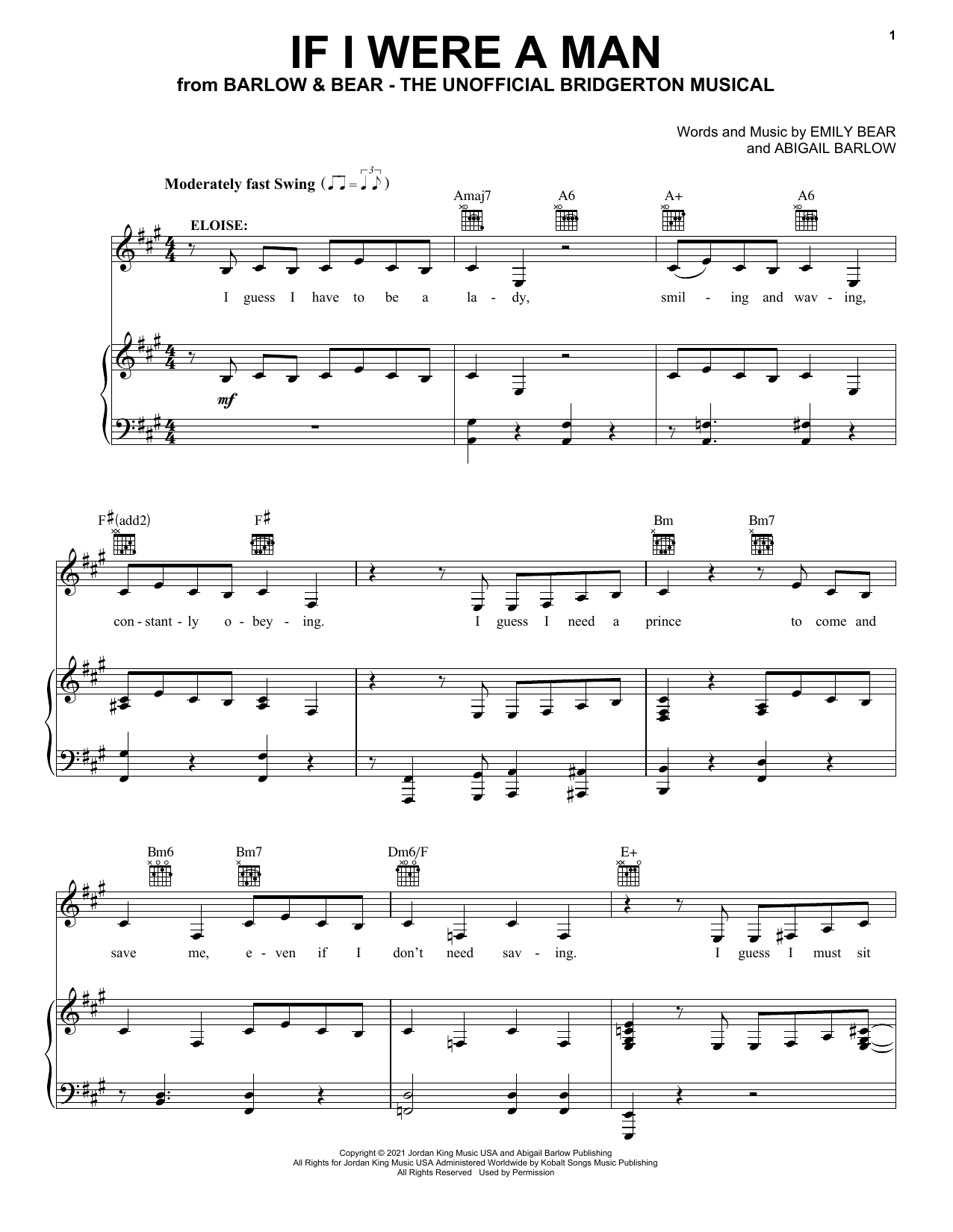 Download Barlow & Bear If I Were A Man (from The Unofficial Bridgerton Musical) Sheet Music and learn how to play Piano, Vocal & Guitar Chords (Right-Hand Melody) PDF digital score in minutes