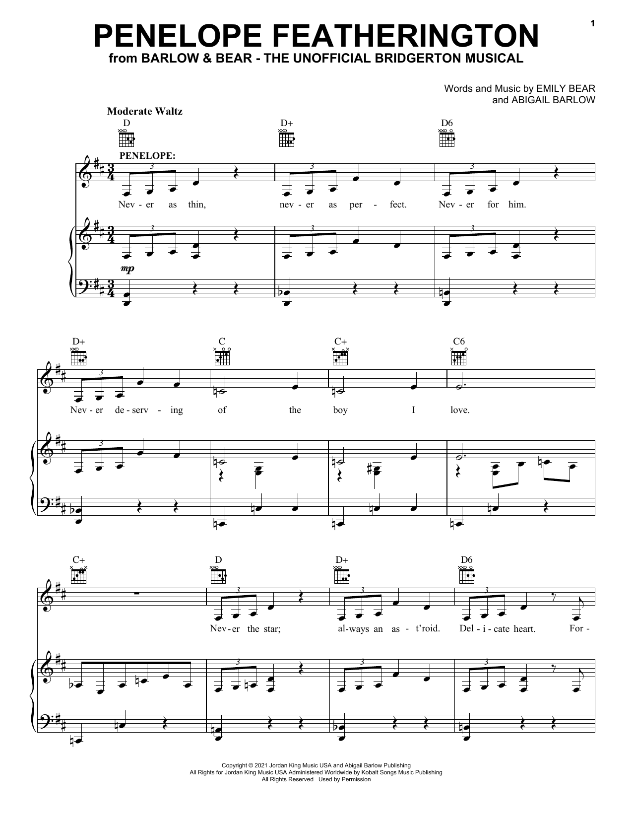 Download Barlow & Bear Penelope Featherington (from The Unofficial Bridgerton Musical) Sheet Music and learn how to play Piano, Vocal & Guitar Chords (Right-Hand Melody) PDF digital score in minutes