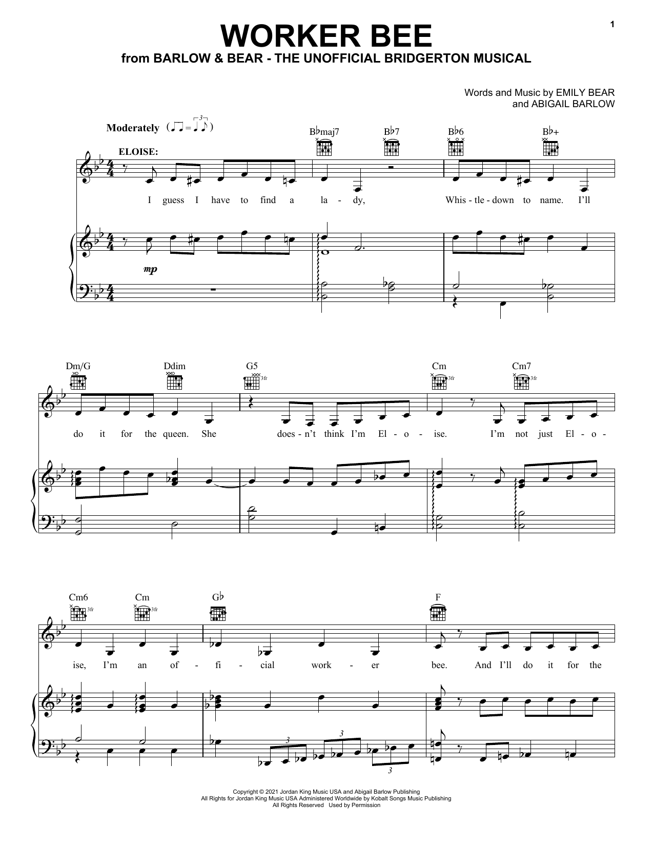 Download Barlow & Bear Worker Bee (from The Unofficial Bridgerton Musical) Sheet Music and learn how to play Piano, Vocal & Guitar Chords (Right-Hand Melody) PDF digital score in minutes