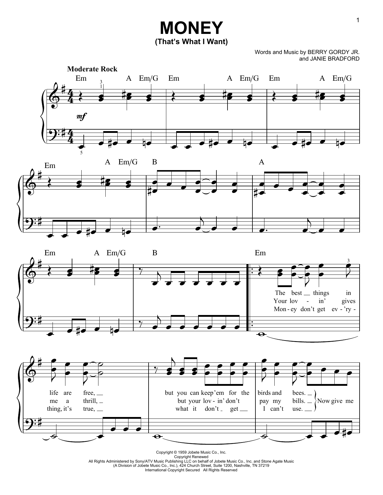 Download Barrett Strong Money (That's What I Want) Sheet Music and learn how to play Melody Line, Lyrics & Chords PDF digital score in minutes