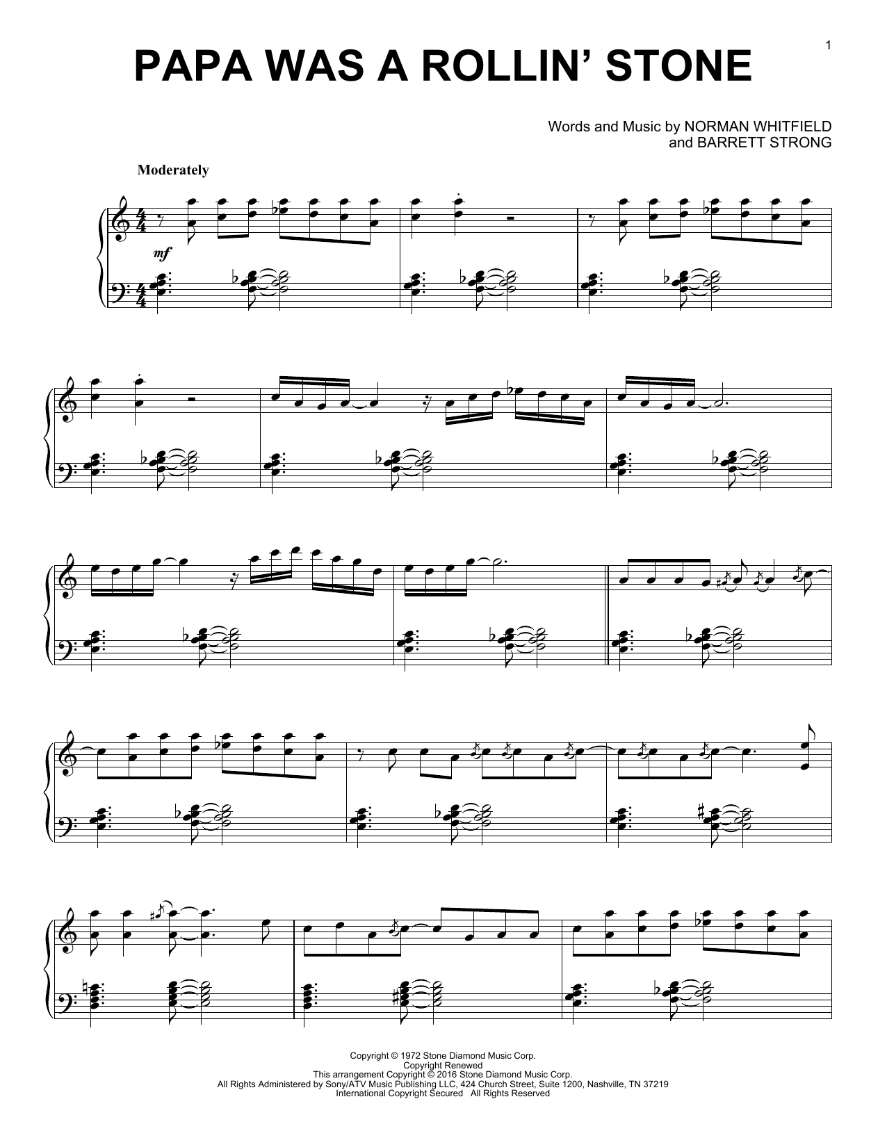 Download Barrett Strong Papa Was A Rollin' Stone Sheet Music and learn how to play Piano PDF digital score in minutes