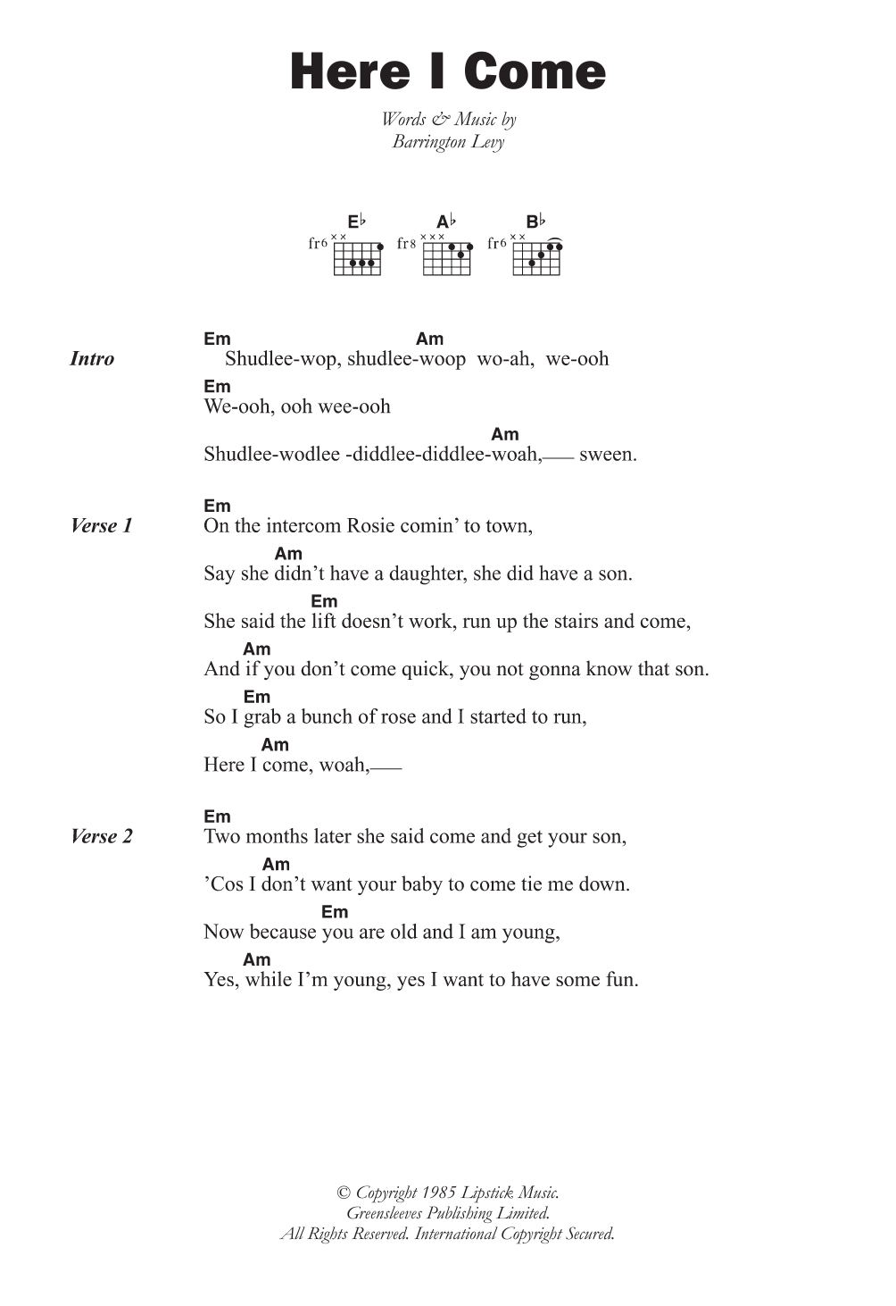 Download Barrington Levy Here I Come Sheet Music and learn how to play Lyrics & Chords PDF digital score in minutes