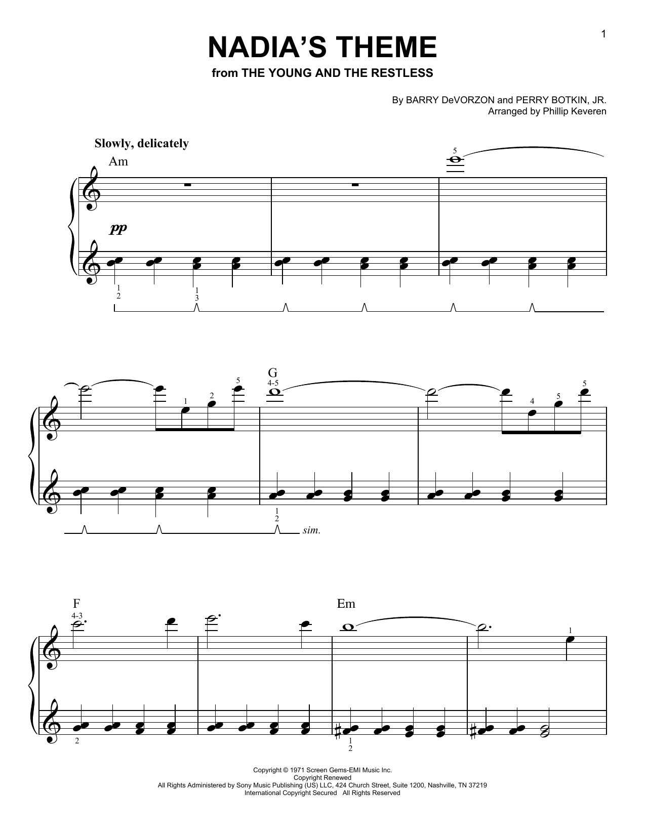 Download Barry DeVorzon & Perry Botkin, Jr. Nadia's Theme (arr. Phillip Keveren) Sheet Music and learn how to play Easy Piano PDF digital score in minutes