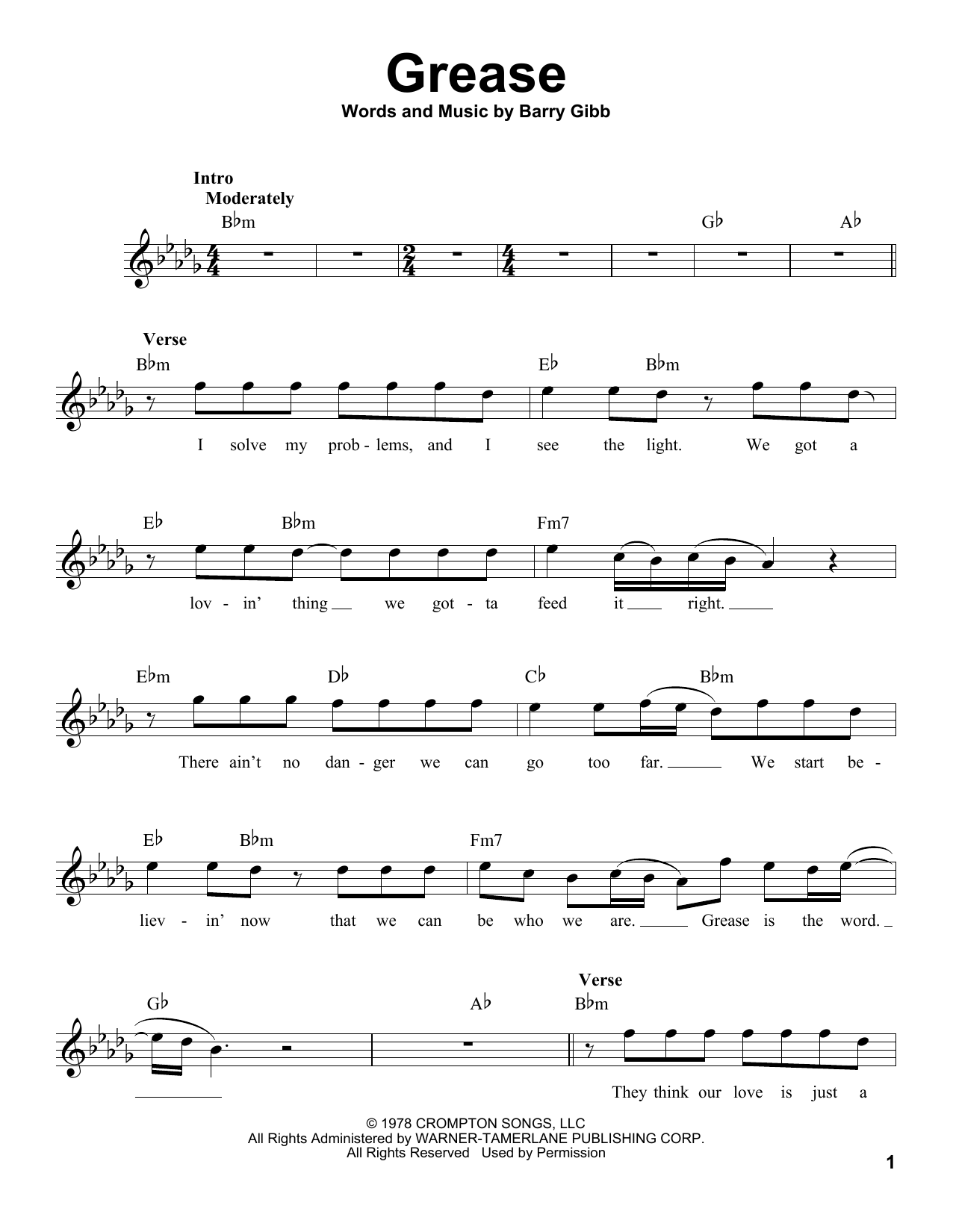Download Barry Gibb Grease Sheet Music and learn how to play Pro Vocal PDF digital score in minutes