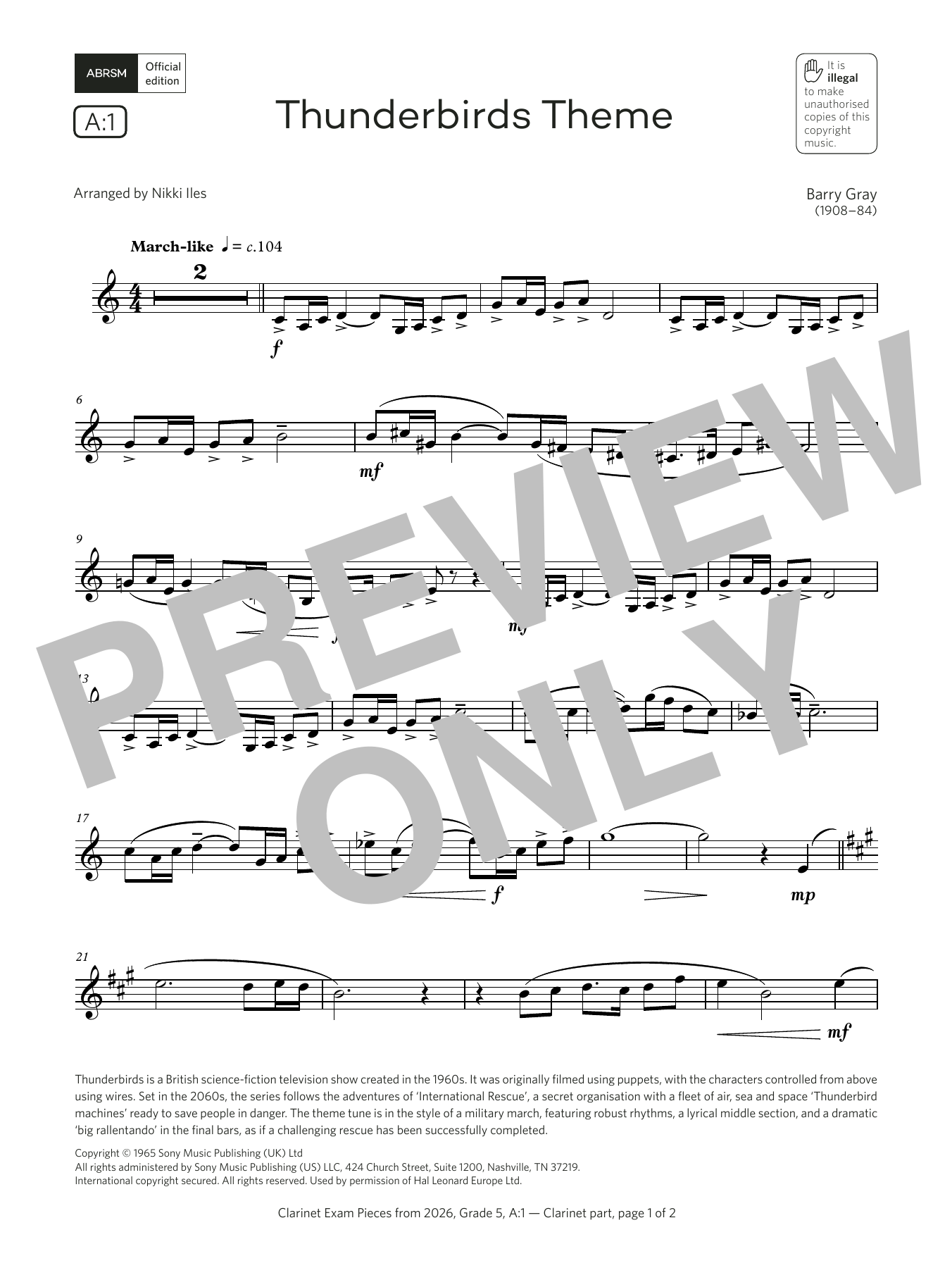 Download Barry Gray Thunderbirds Theme (Grade 5, list A1, from the ABRSM Clarinet Syllabus from 2026 Sheet Music and learn how to play Clarinet Solo PDF digital score in minutes