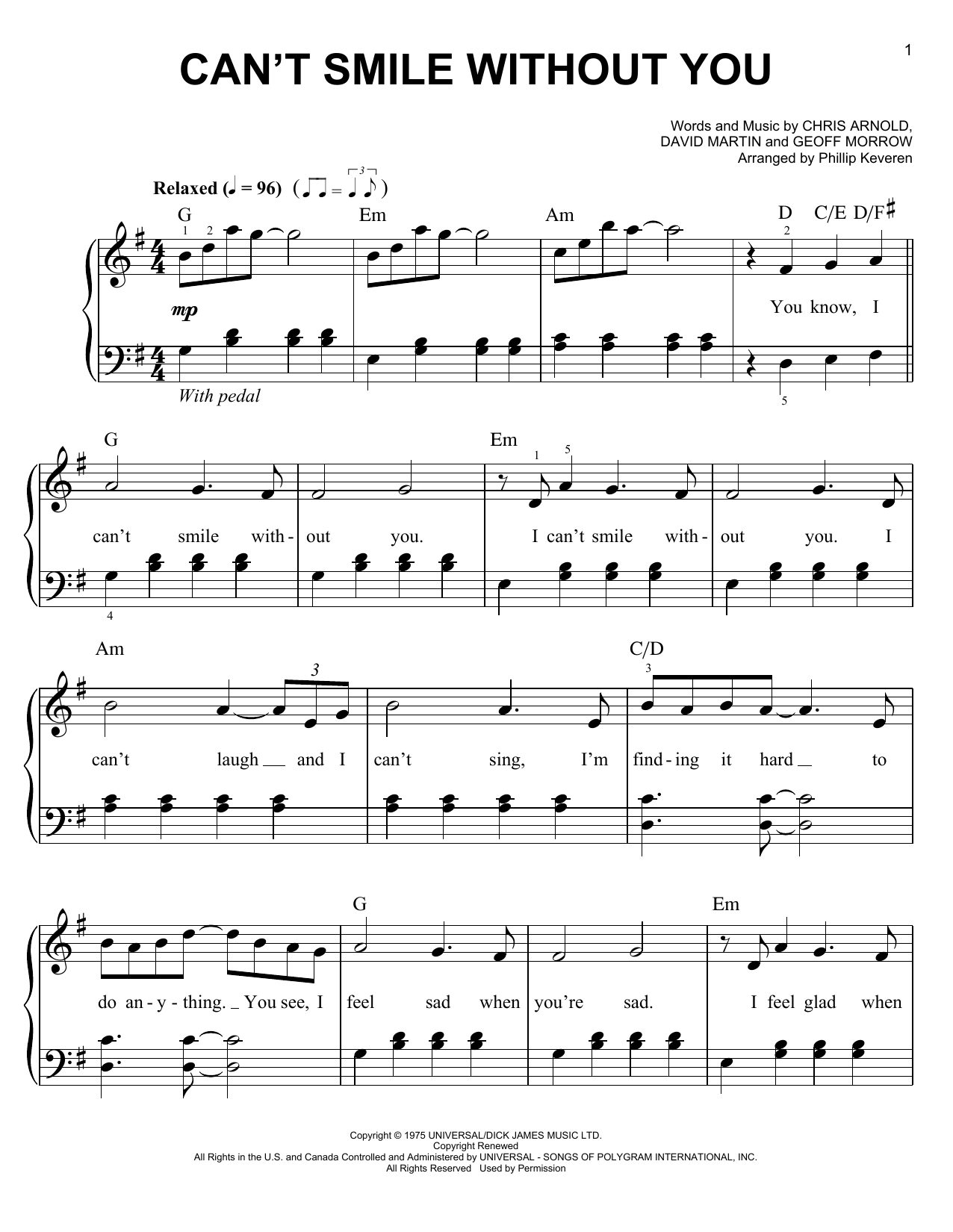 Download Barry Manilow Can't Smile Without You Sheet Music and learn how to play Easy Piano PDF digital score in minutes