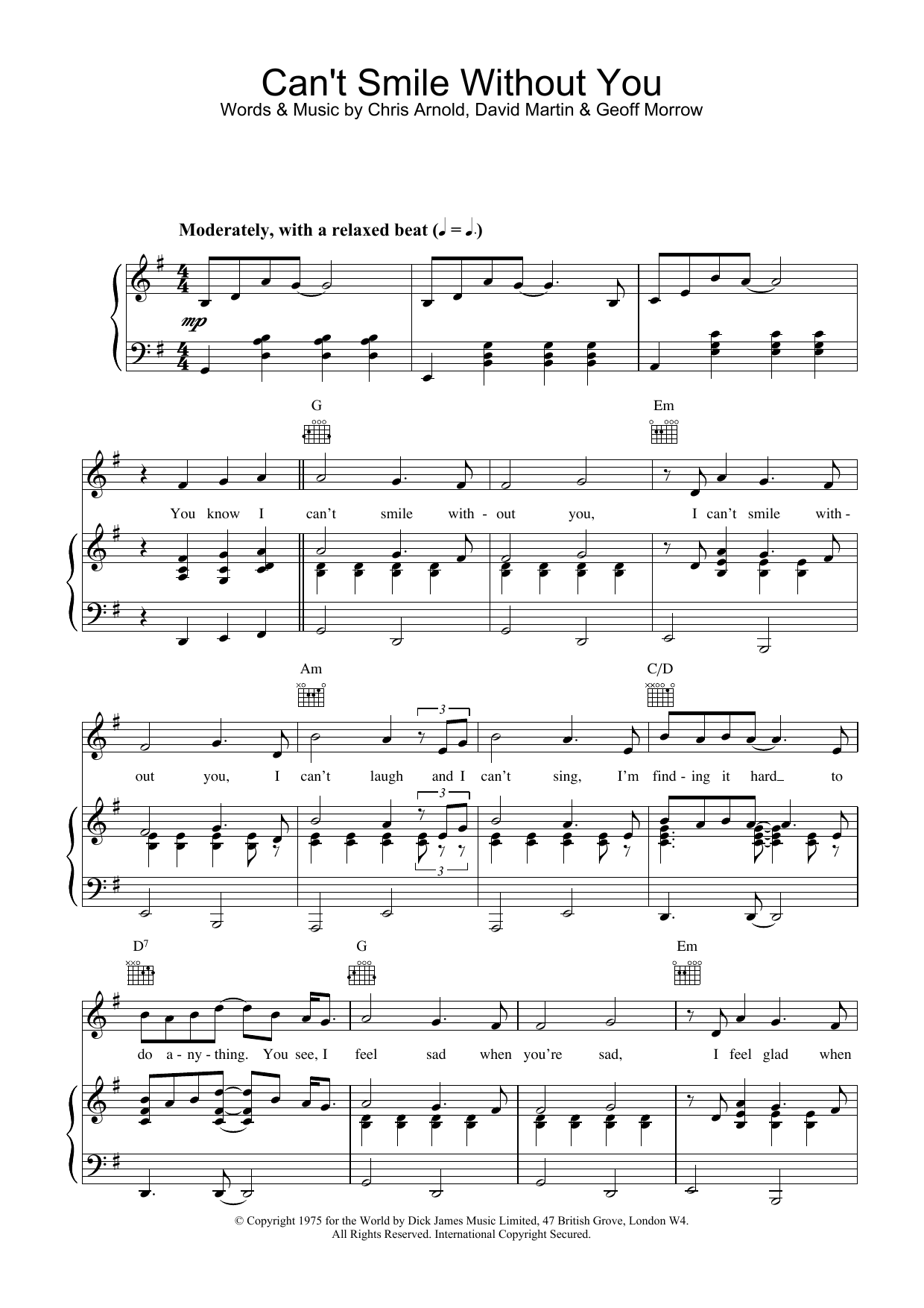 Download Barry Manilow Can't Smile Without You Sheet Music and learn how to play Piano, Vocal & Guitar (Right-Hand Melody) PDF digital score in minutes