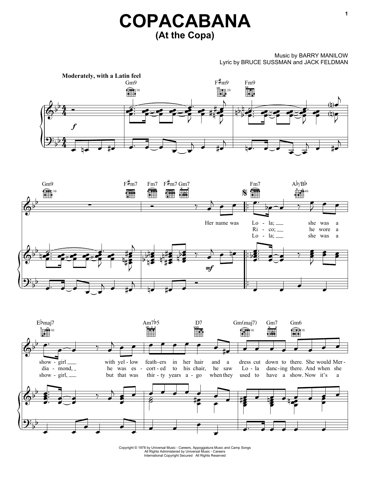 Download Barry Manilow Copacabana (At The Copa) Sheet Music and learn how to play Piano, Vocal & Guitar (Right-Hand Melody) PDF digital score in minutes
