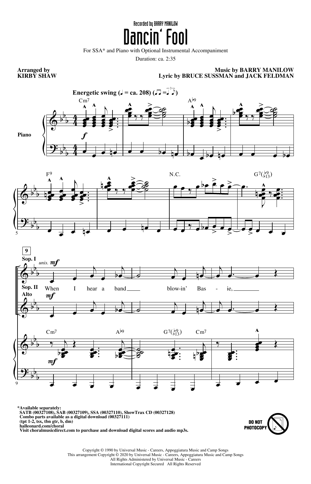 Download Barry Manilow Dancin' Fool (arr. Kirby Shaw) Sheet Music and learn how to play SSA Choir PDF digital score in minutes