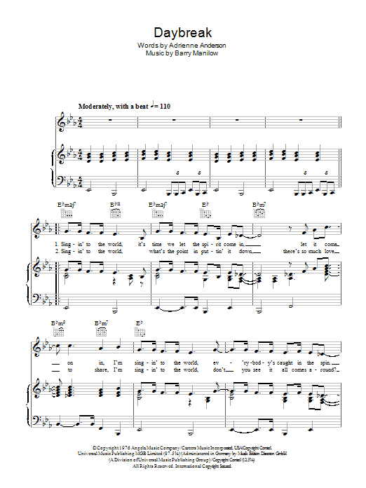 Download Barry Manilow Daybreak Sheet Music and learn how to play Piano, Vocal & Guitar (Right-Hand Melody) PDF digital score in minutes