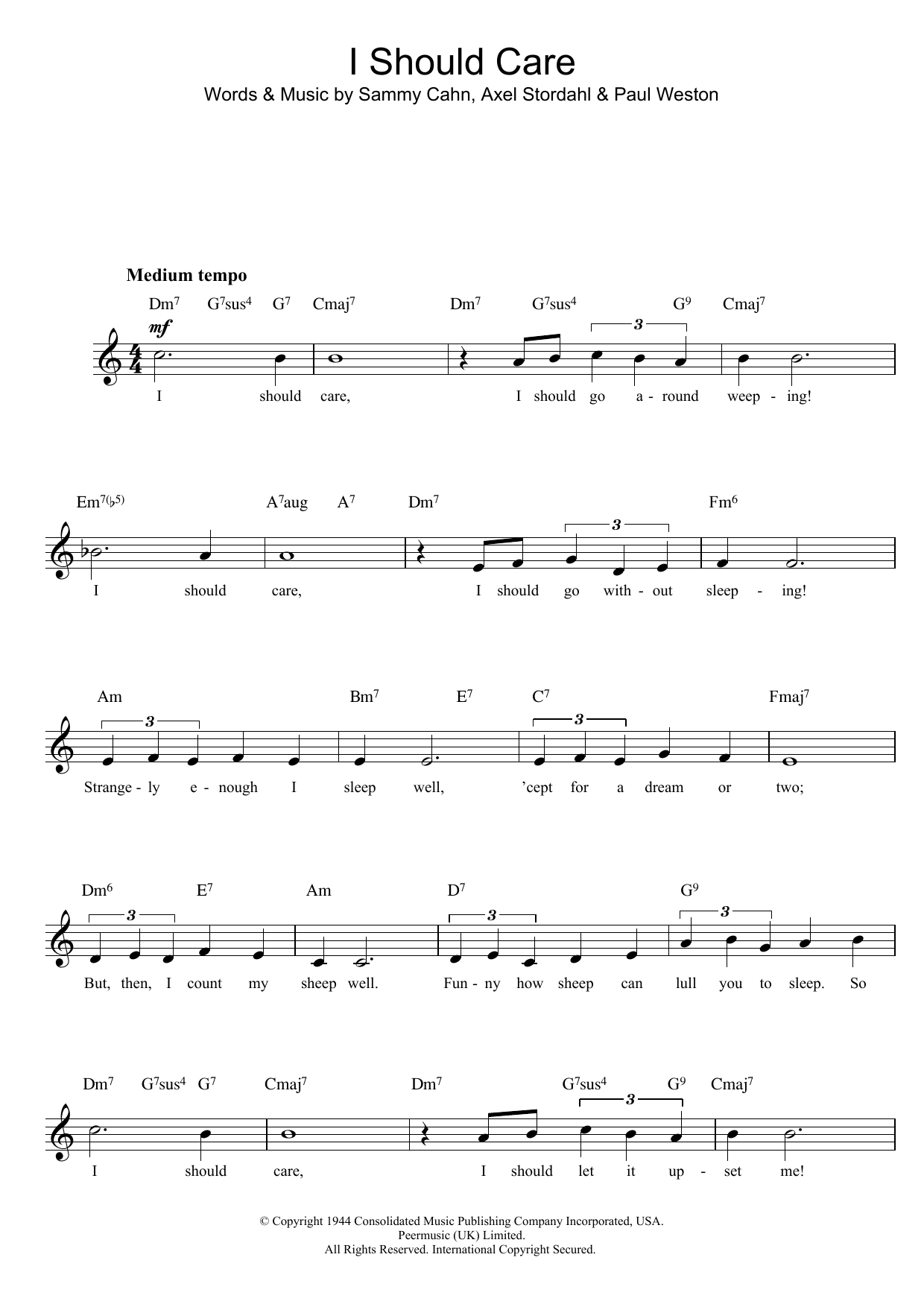 Download Barry Manilow I Should Care Sheet Music and learn how to play Melody Line, Lyrics & Chords PDF digital score in minutes