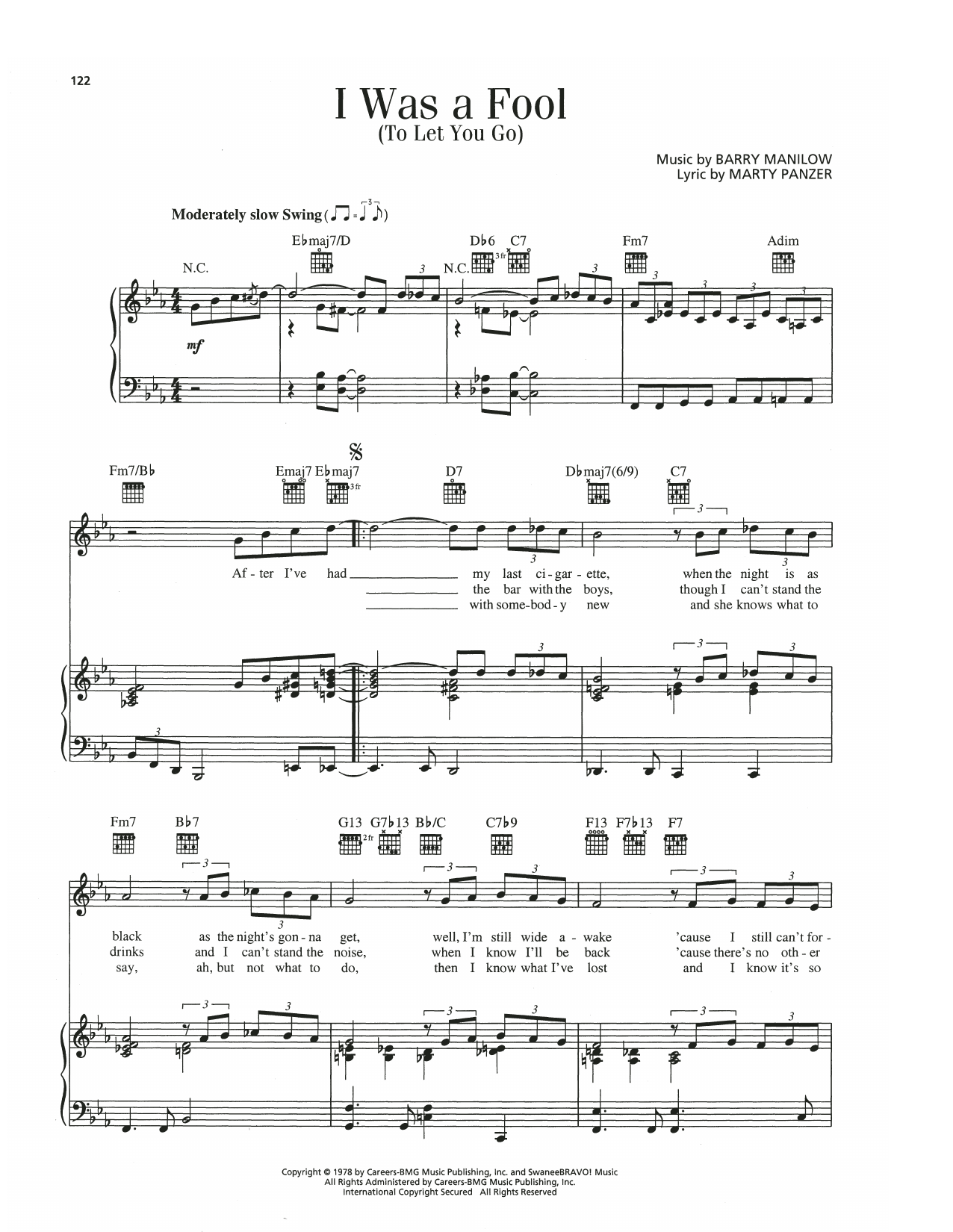 Download Barry Manilow I Was A Fool To Let You Go Sheet Music and learn how to play Piano, Vocal & Guitar Chords (Right-Hand Melody) PDF digital score in minutes