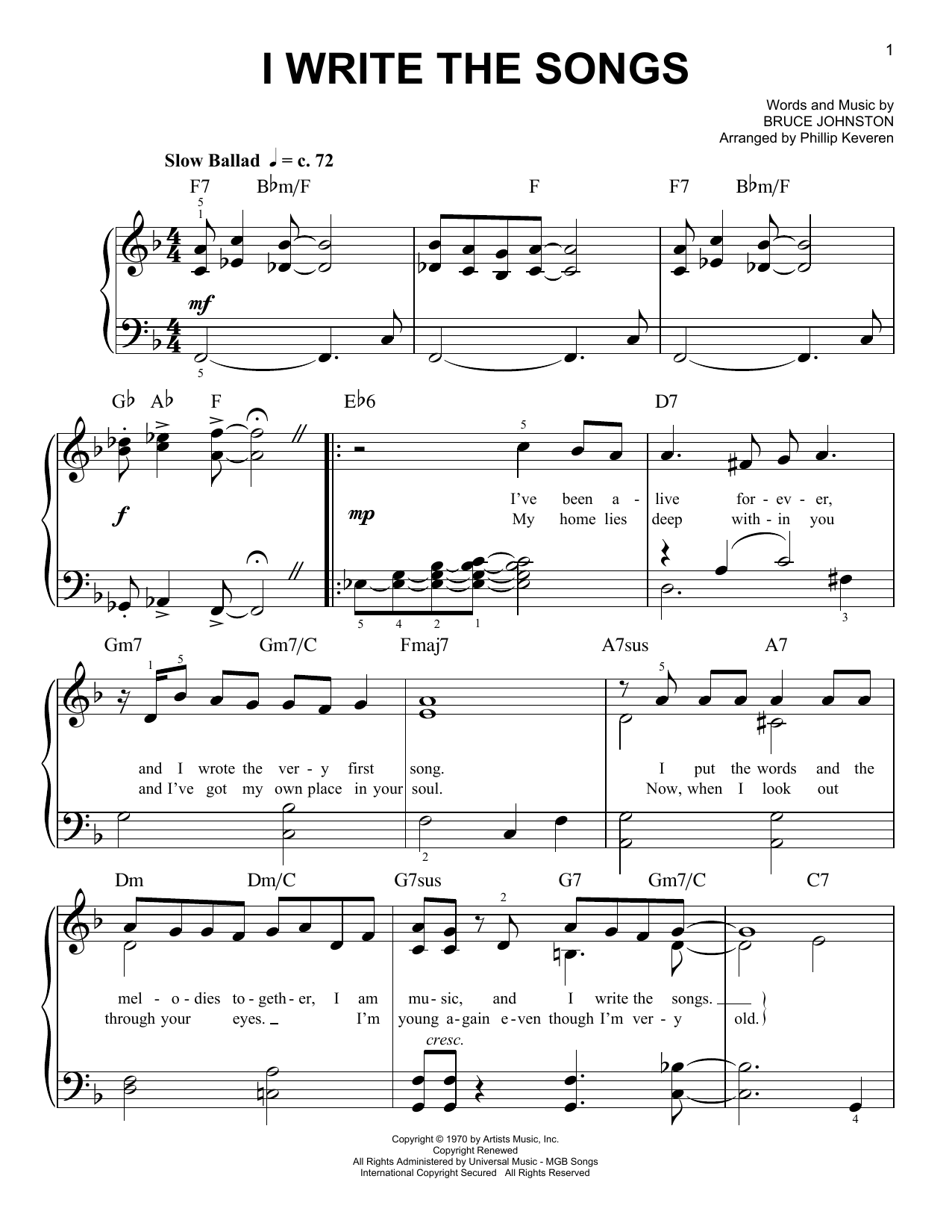 Download Barry Manilow I Write The Songs (arr. Phillip Keveren) Sheet Music and learn how to play Easy Piano PDF digital score in minutes