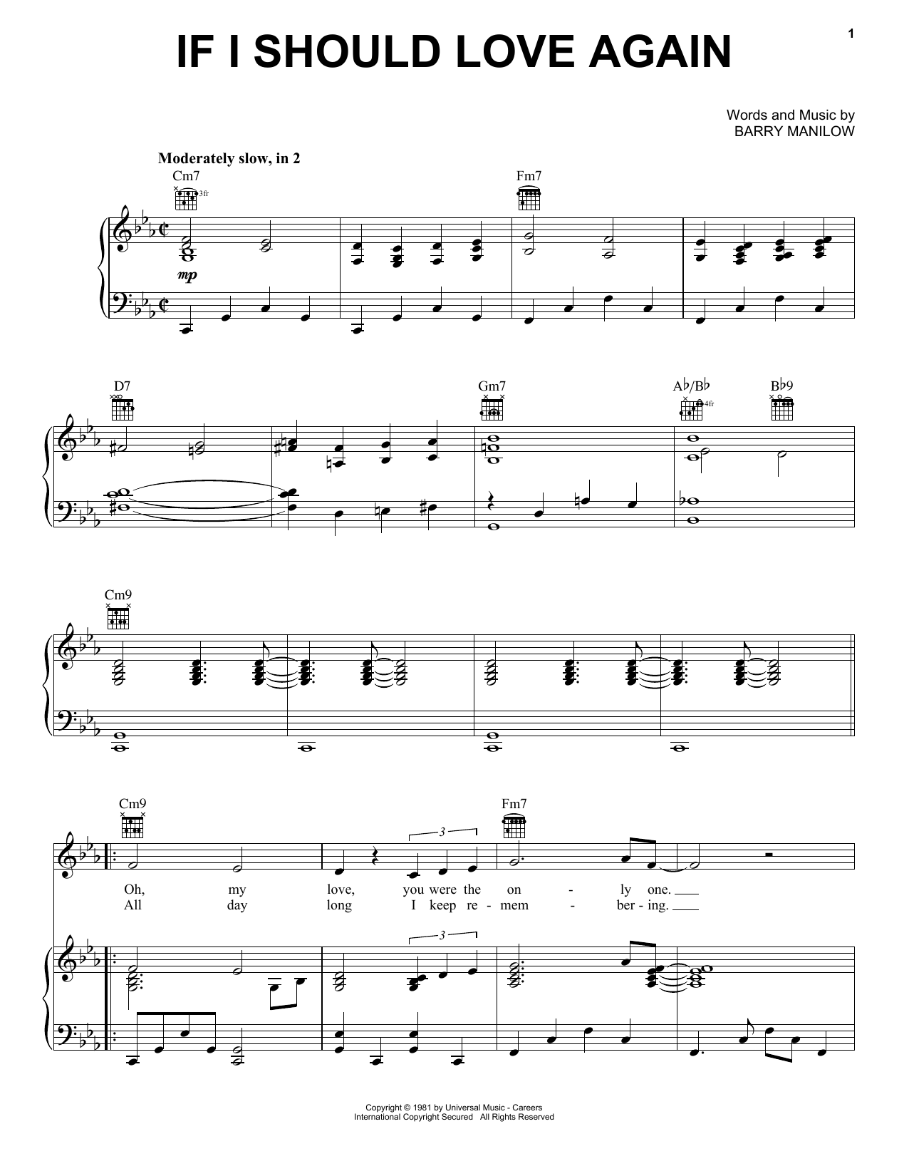 Download Barry Manilow If I Should Love Again Sheet Music and learn how to play Piano, Vocal & Guitar Chords (Right-Hand Melody) PDF digital score in minutes