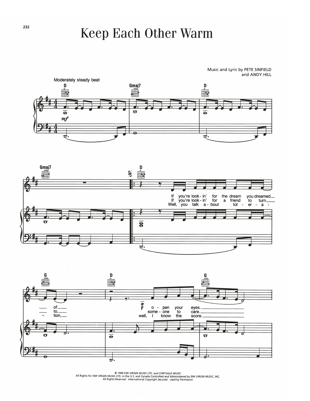 Download Barry Manilow Keep Each Other Warm Sheet Music and learn how to play Piano, Vocal & Guitar Chords (Right-Hand Melody) PDF digital score in minutes