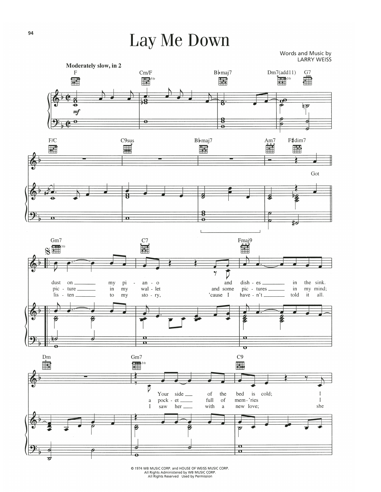 Download Barry Manilow Lay Me Down Sheet Music and learn how to play Piano, Vocal & Guitar Chords (Right-Hand Melody) PDF digital score in minutes