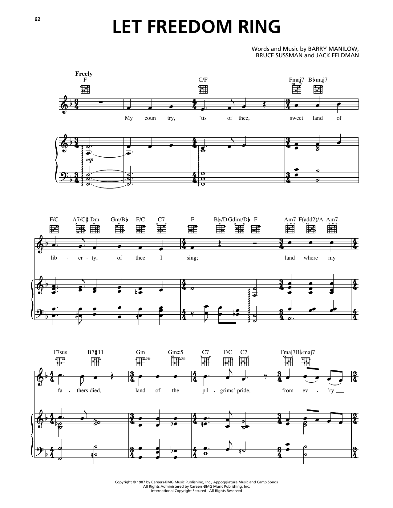 Download Barry Manilow Let Freedom Ring Sheet Music and learn how to play Piano, Vocal & Guitar Chords (Right-Hand Melody) PDF digital score in minutes