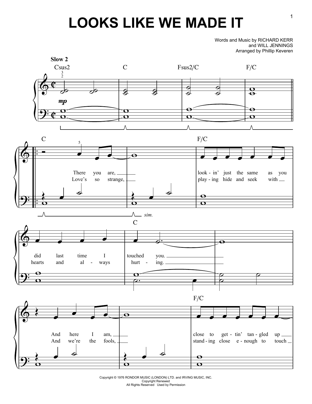 Download Barry Manilow Looks Like We Made It (arr. Phillip Keveren) Sheet Music and learn how to play Easy Piano PDF digital score in minutes