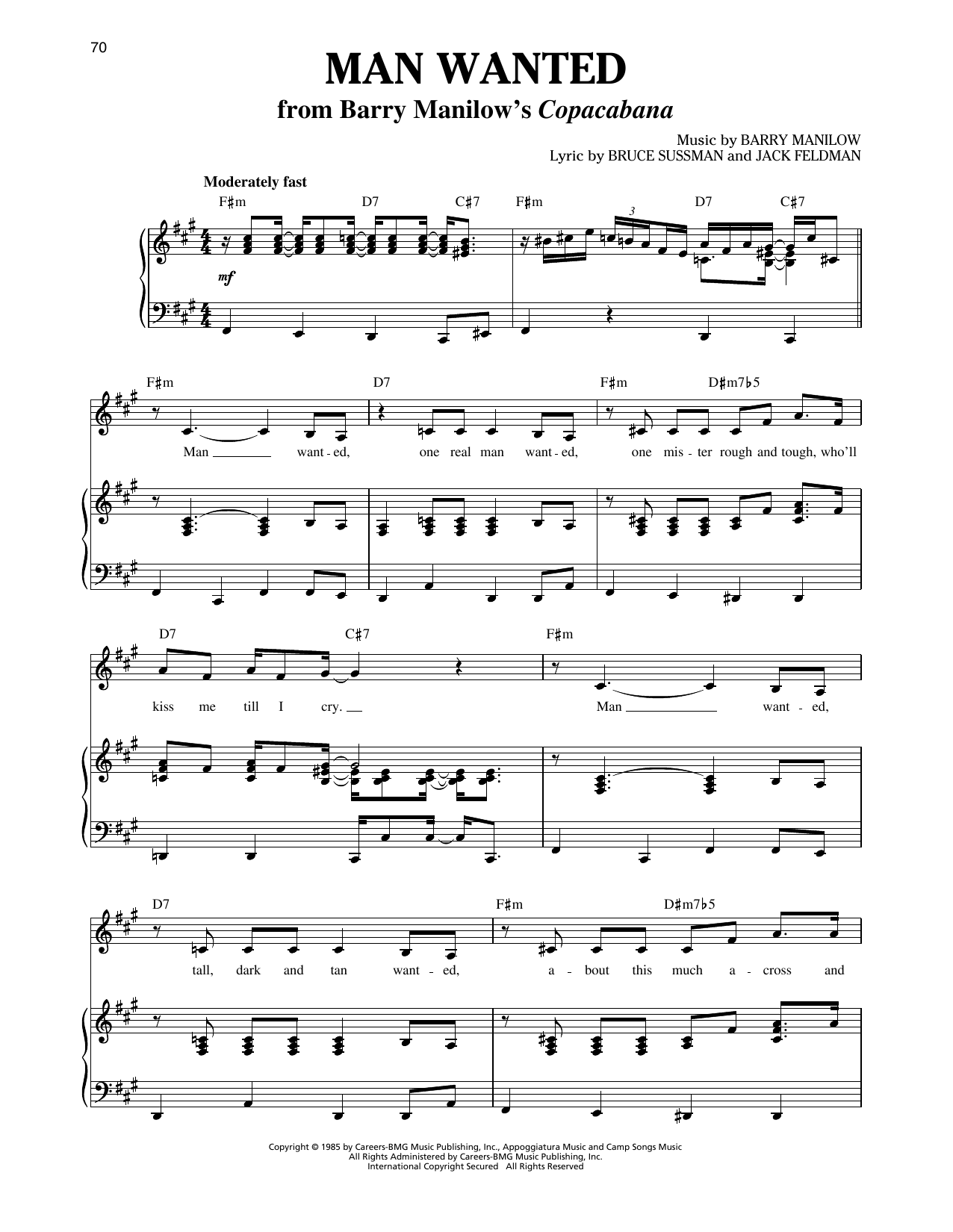 Download Barry Manilow Man Wanted (from Copacabana) Sheet Music and learn how to play Piano & Vocal PDF digital score in minutes
