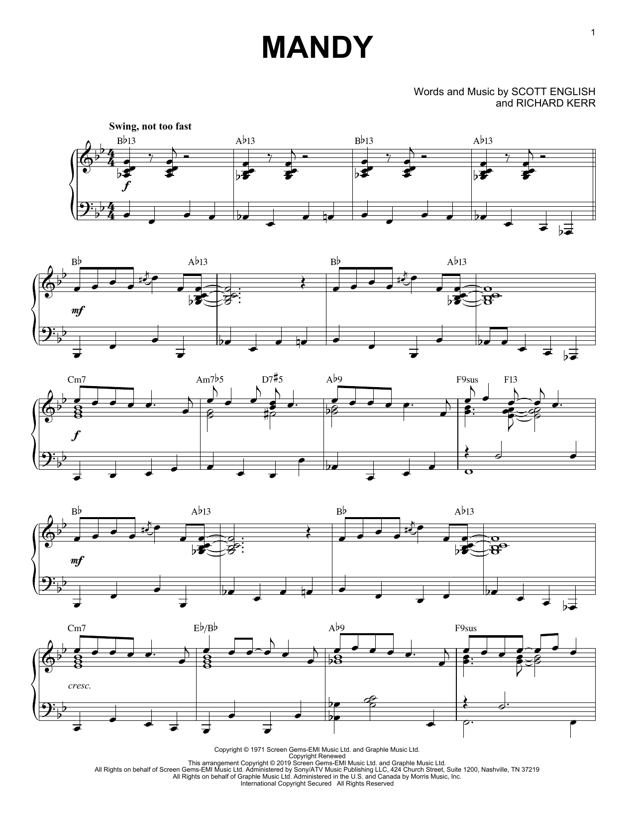 Download Barry Manilow Mandy [Jazz version] Sheet Music and learn how to play Piano Solo PDF digital score in minutes