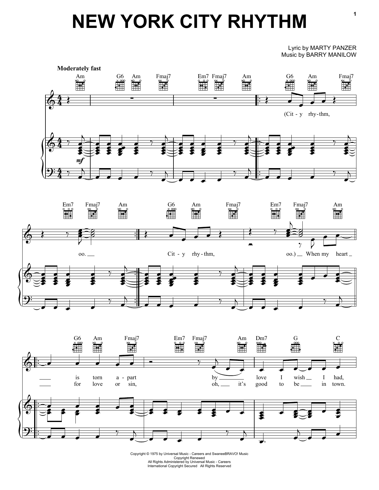 Download Barry Manilow New York City Rhythm Sheet Music and learn how to play Piano, Vocal & Guitar Chords (Right-Hand Melody) PDF digital score in minutes