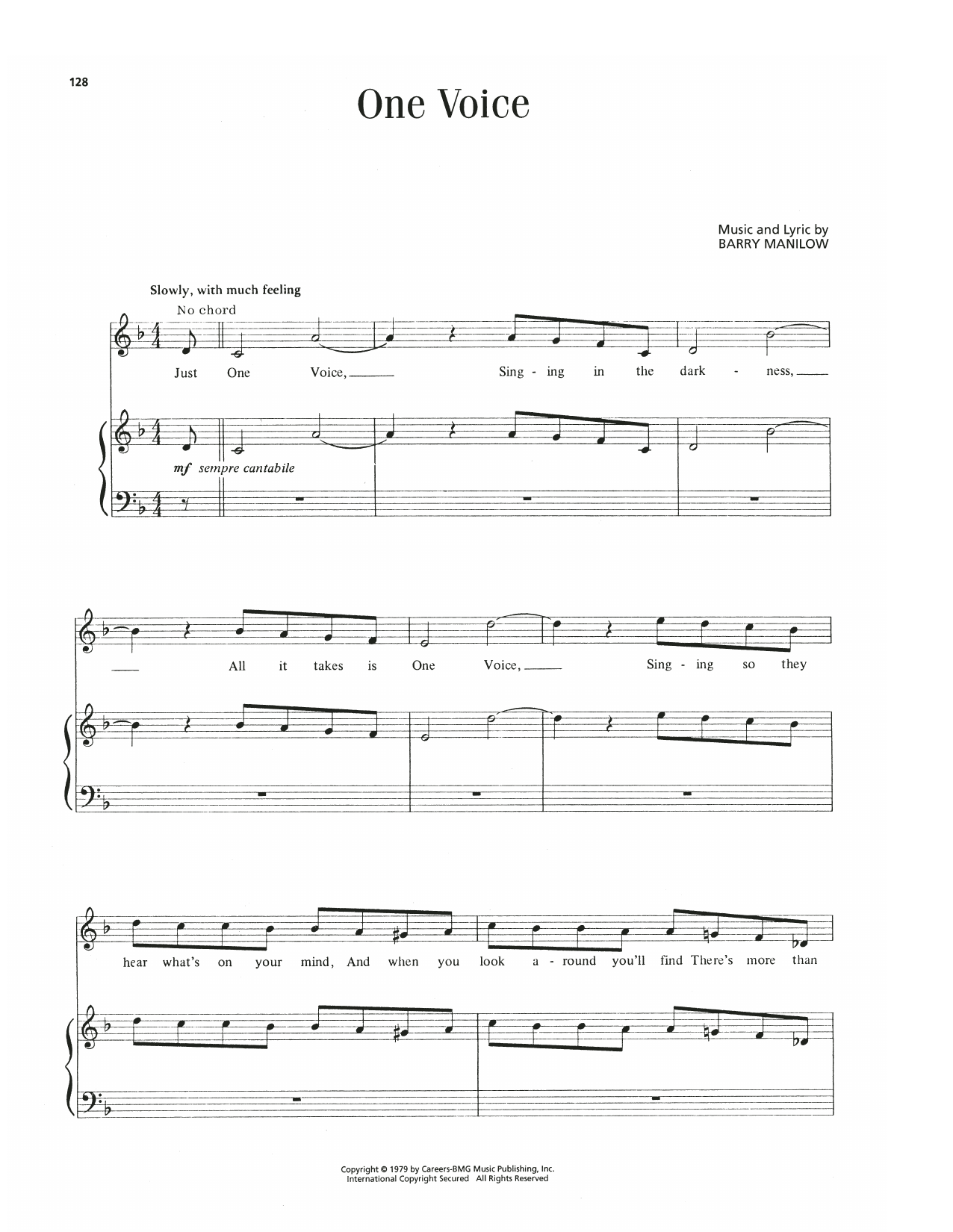 Download Barry Manilow One Voice Sheet Music and learn how to play Piano, Vocal & Guitar Chords (Right-Hand Melody) PDF digital score in minutes