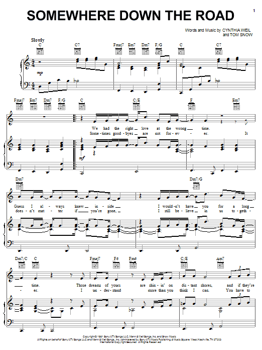 Download Barry Manilow Somewhere Down The Road Sheet Music and learn how to play Piano, Vocal & Guitar (Right-Hand Melody) PDF digital score in minutes