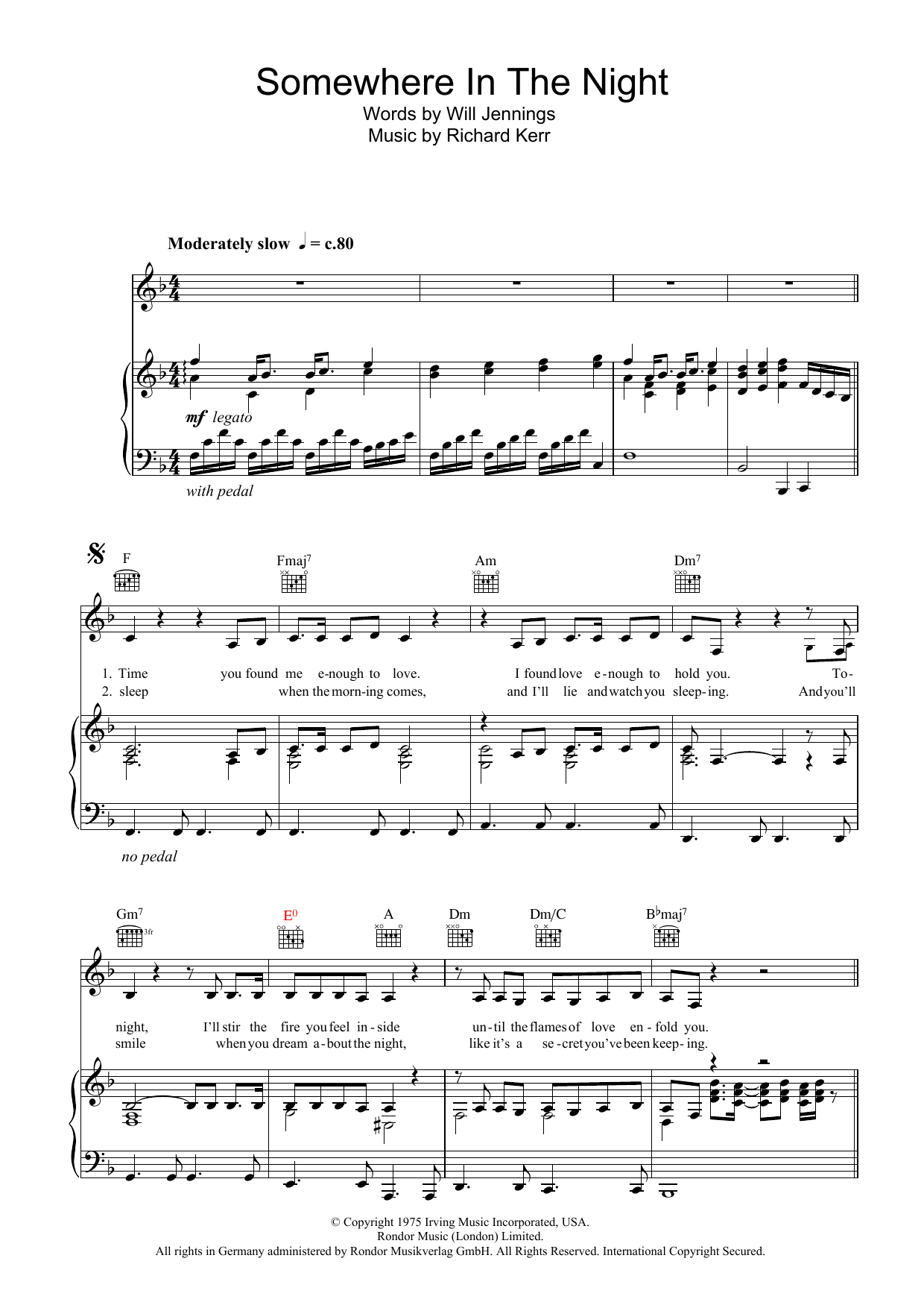 Download Barry Manilow Somewhere In The Night Sheet Music and learn how to play Piano, Vocal & Guitar (Right-Hand Melody) PDF digital score in minutes