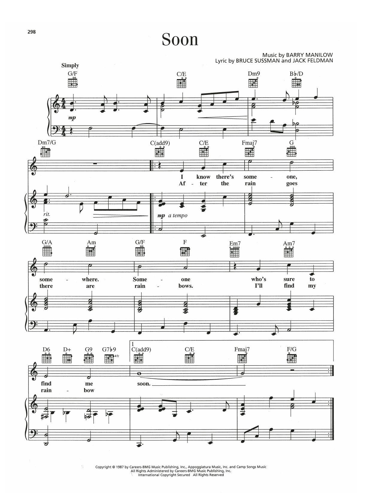 Download Barry Manilow Soon (from Thumbelina) Sheet Music and learn how to play Piano, Vocal & Guitar Chords (Right-Hand Melody) PDF digital score in minutes