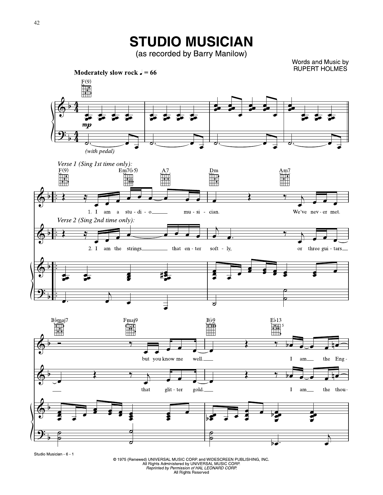 Download Barry Manilow Studio Musician Sheet Music and learn how to play Piano, Vocal & Guitar Chords (Right-Hand Melody) PDF digital score in minutes