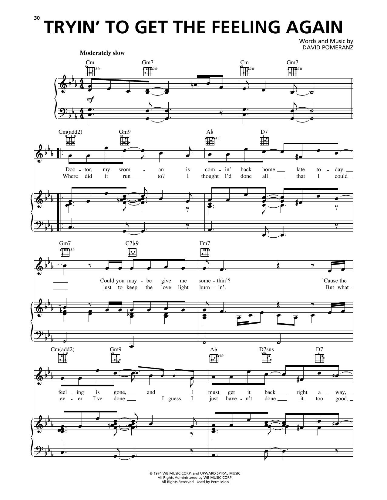 Download Barry Manilow Tryin' To Get The Feeling Again Sheet Music and learn how to play Piano, Vocal & Guitar Chords (Right-Hand Melody) PDF digital score in minutes