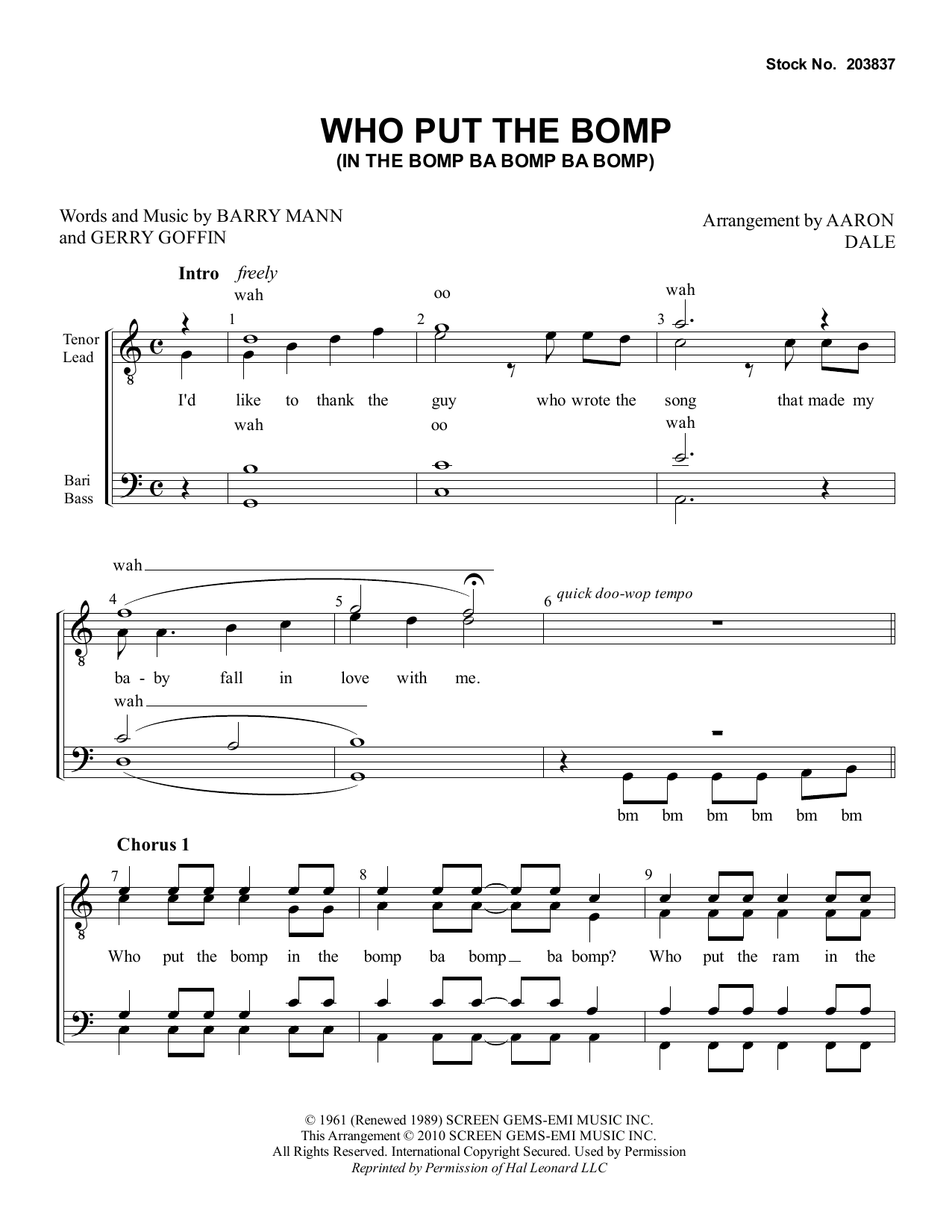 Download Barry Mann Who Put The Bomp (In The Bomp Ba Bomp Ba Bomp) (arr. Aaron Dale) Sheet Music and learn how to play TTBB Choir PDF digital score in minutes