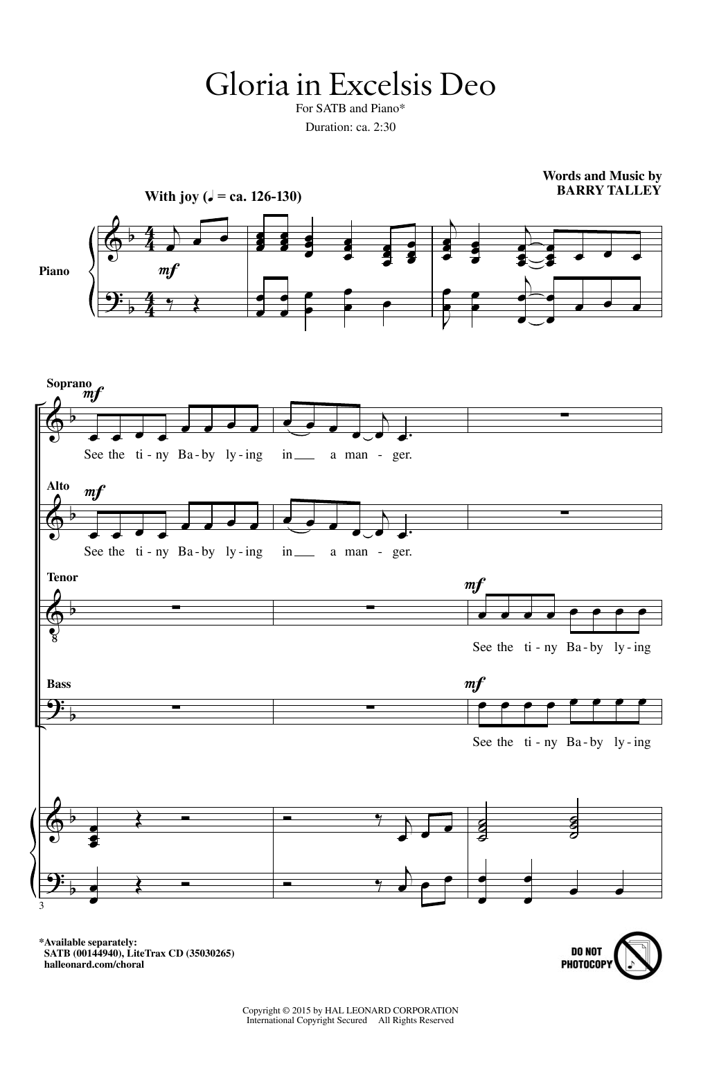 Download Barry Talley Gloria In Excelsis Deo Sheet Music and learn how to play SATB PDF digital score in minutes