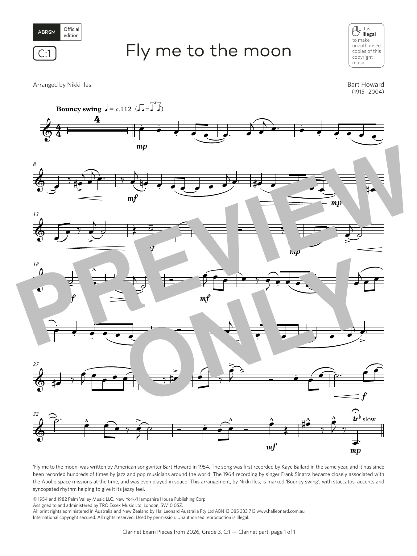Download Bart Howard Fly me to the moon (Grade 3, list C1, from the ABRSM Clarinet Syllabus from 2026 Sheet Music and learn how to play Clarinet Solo PDF digital score in minutes