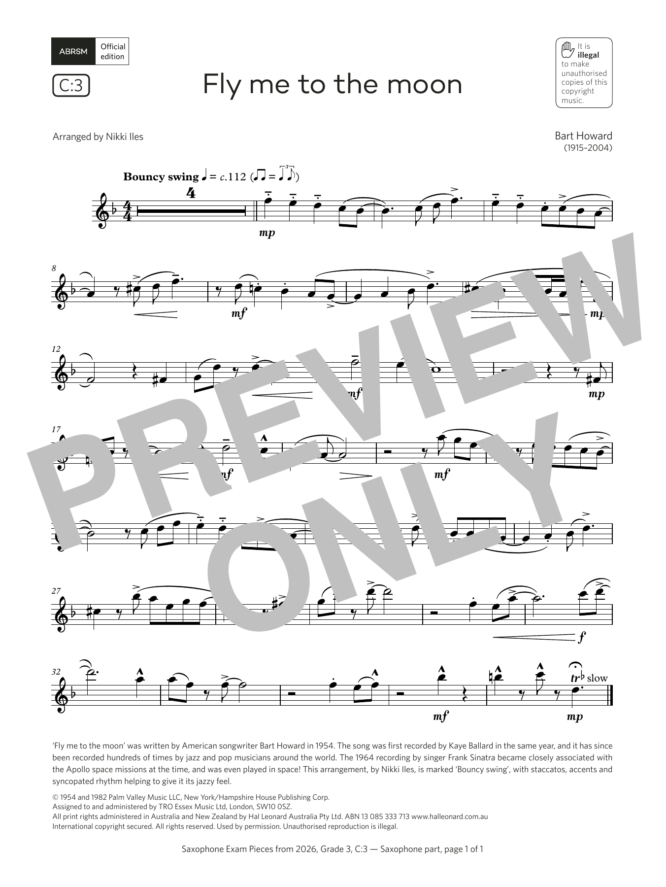 Download Bart Howard Fly me to the moon (Grade 3, list C3, from the ABRSM Saxophone Syllabus from 202 Sheet Music and learn how to play Alto Sax Solo PDF digital score in minutes