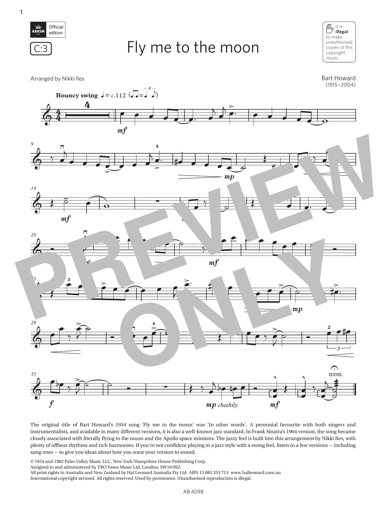 Download Bart Howard Fly me to the moon (Grade 4, C3, from the ABRSM Violin Syllabus from 2024) Sheet Music and learn how to play Violin Solo PDF digital score in minutes