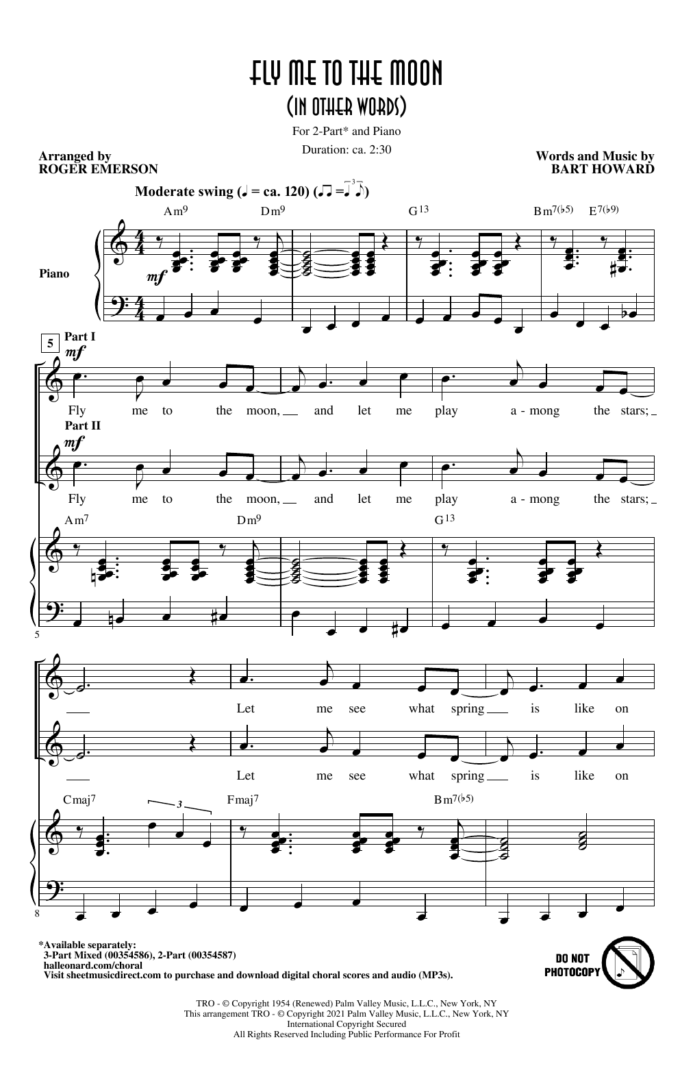 Download Bart Howard Fly Me To The Moon (In Other Words) (arr. Roger Emerson) Sheet Music and learn how to play 2-Part Choir PDF digital score in minutes