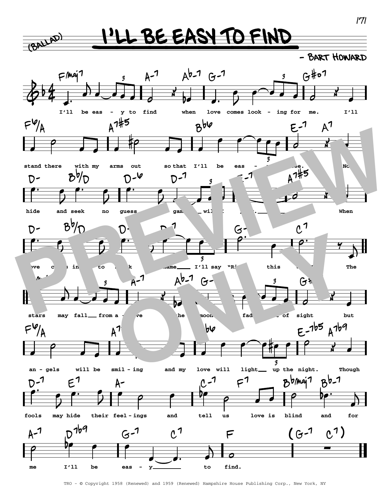 Download Bart Howard I'll Be Easy To Find (High Voice) Sheet Music and learn how to play Real Book – Melody, Lyrics & Chords PDF digital score in minutes