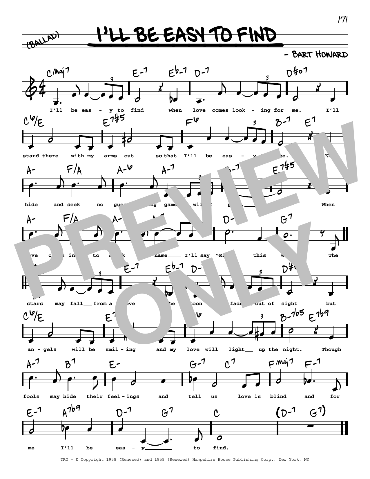 Download Bart Howard I'll Be Easy To Find (Low Voice) Sheet Music and learn how to play Real Book – Melody, Lyrics & Chords PDF digital score in minutes