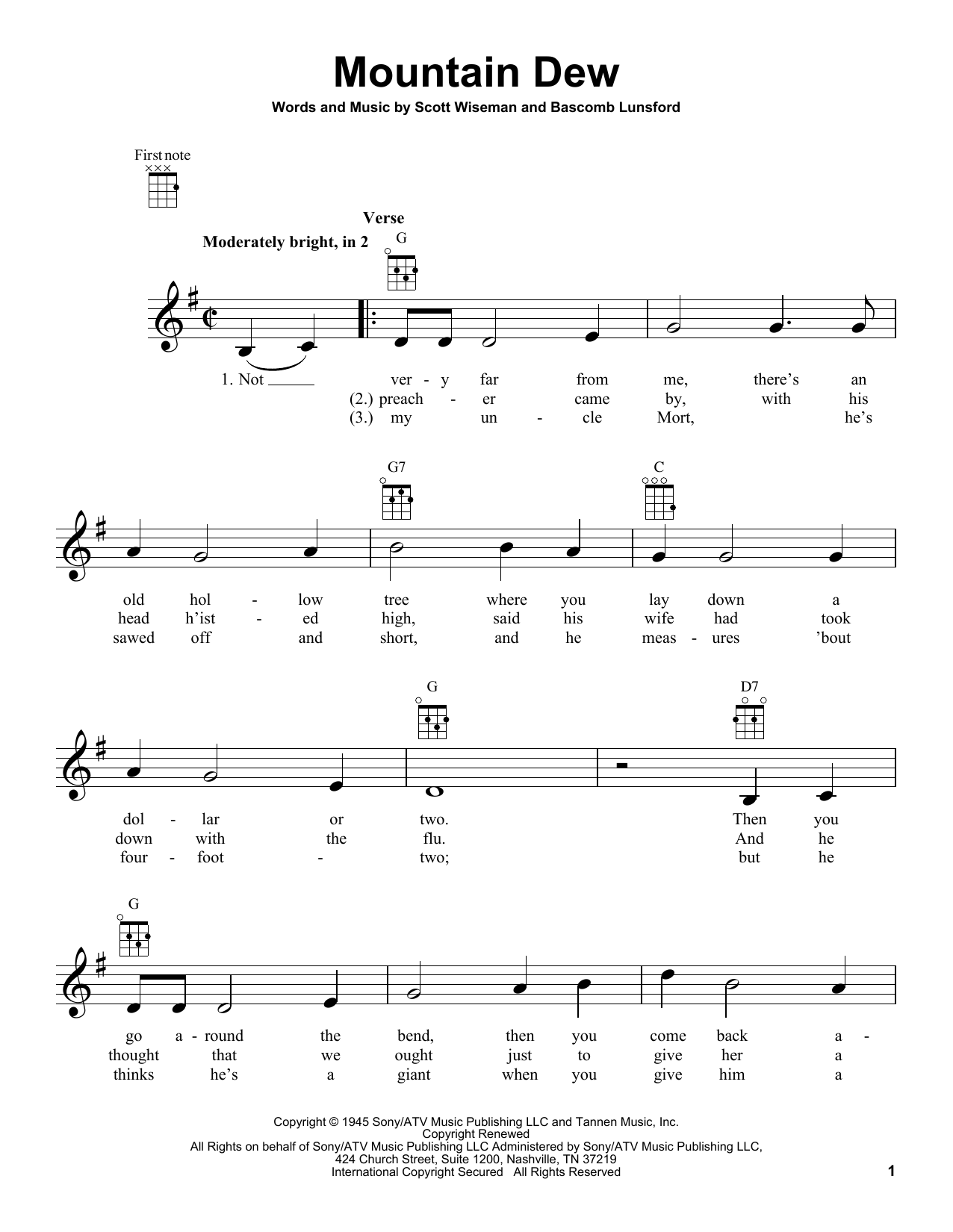 Download Bascom L. Lunsford Mountain Dew Sheet Music and learn how to play Ukulele PDF digital score in minutes