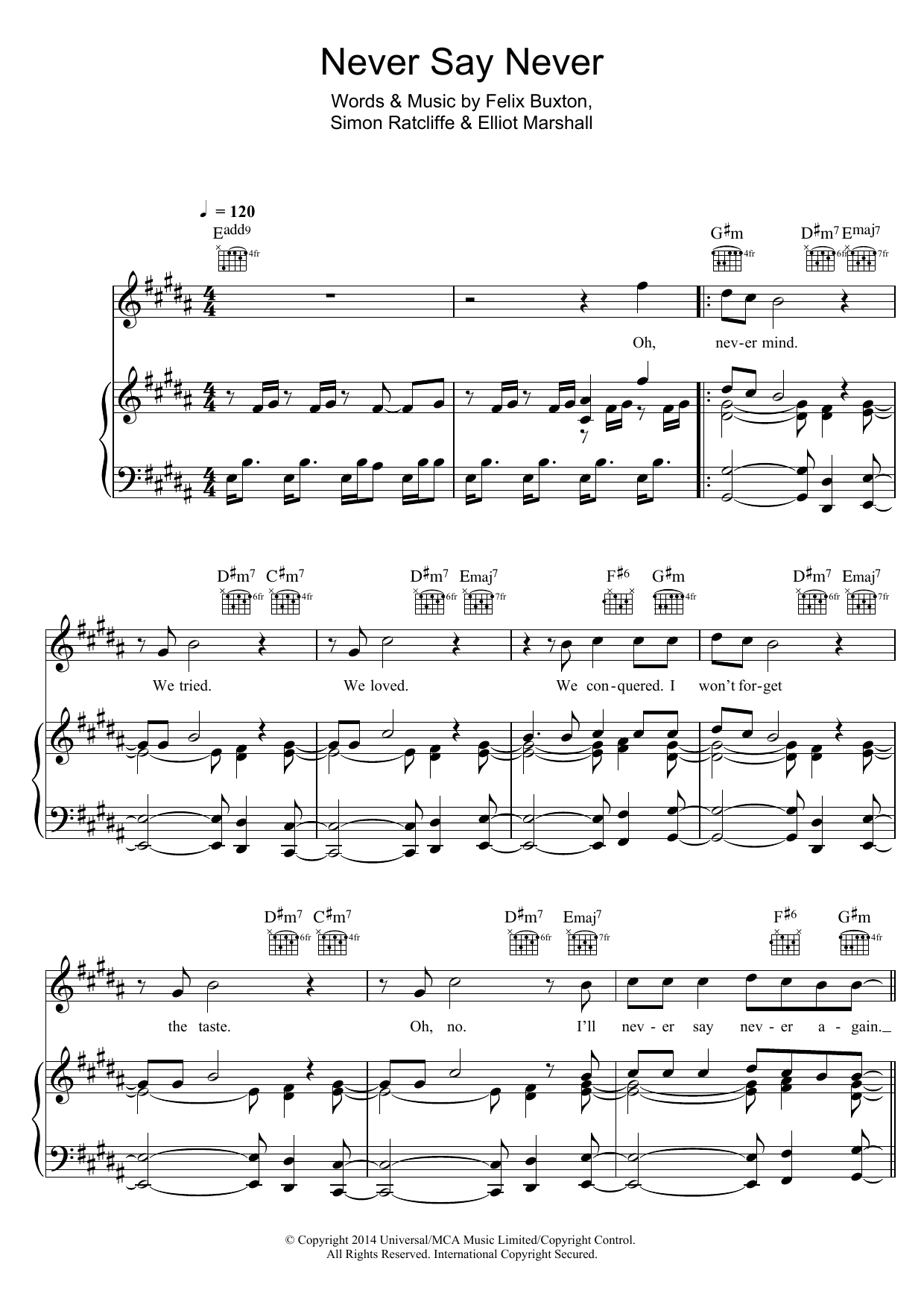 Download Basement Jaxx Never Say Never Sheet Music and learn how to play Piano, Vocal & Guitar (Right-Hand Melody) PDF digital score in minutes