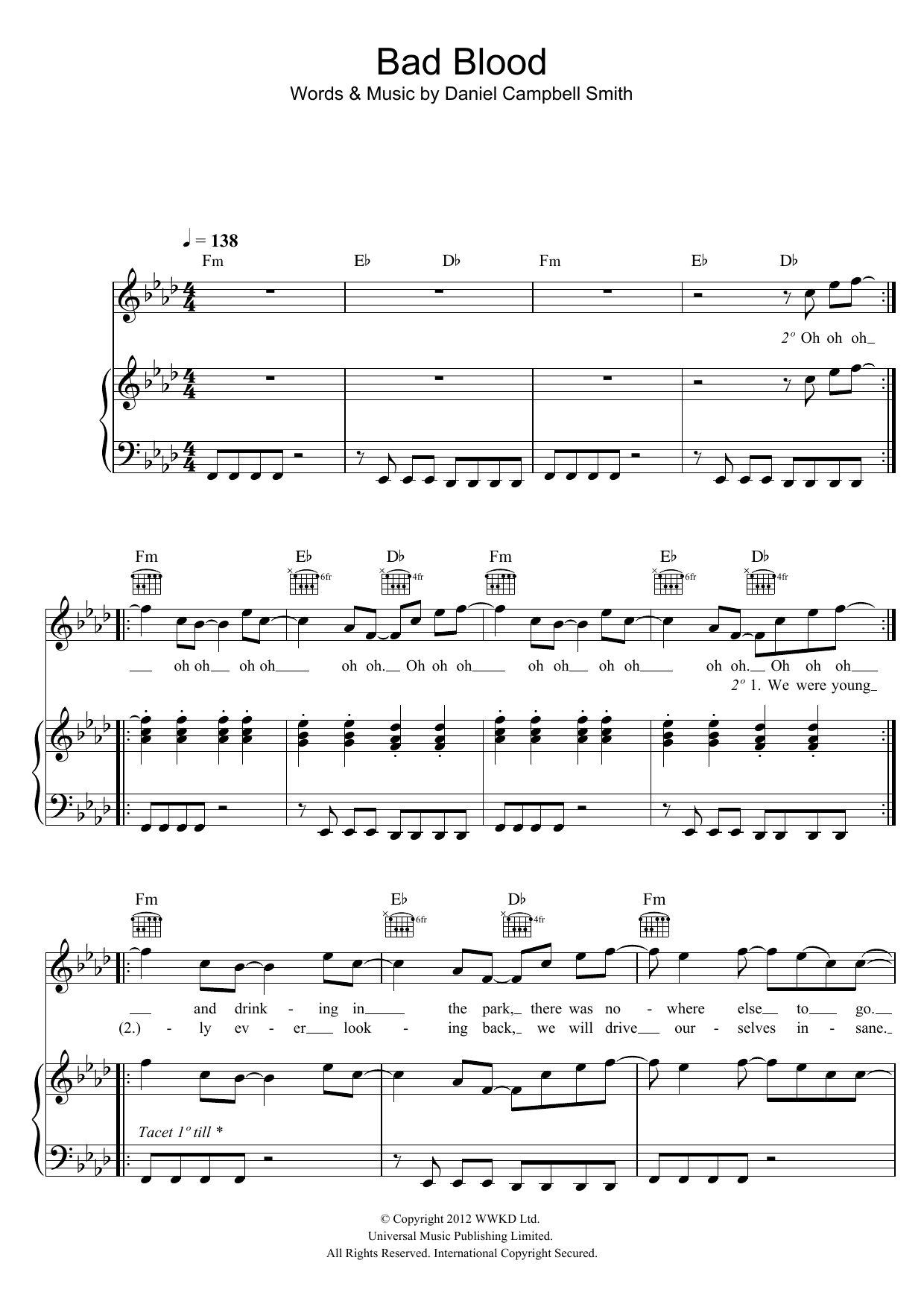 Download Bastille Bad Blood Sheet Music and learn how to play Piano, Vocal & Guitar (Right-Hand Melody) PDF digital score in minutes