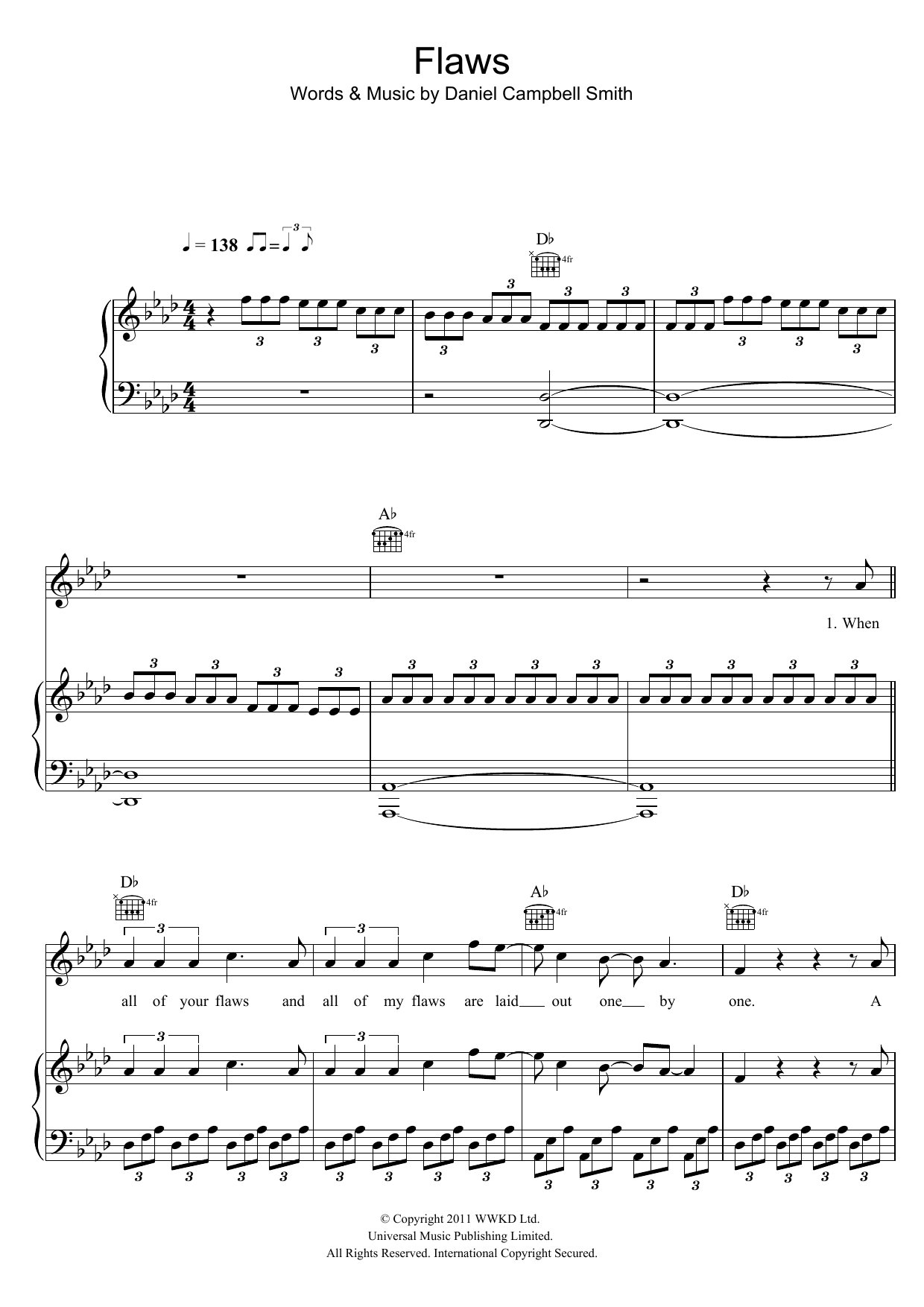 Download Bastille Flaws Sheet Music and learn how to play Piano, Vocal & Guitar (Right-Hand Melody) PDF digital score in minutes