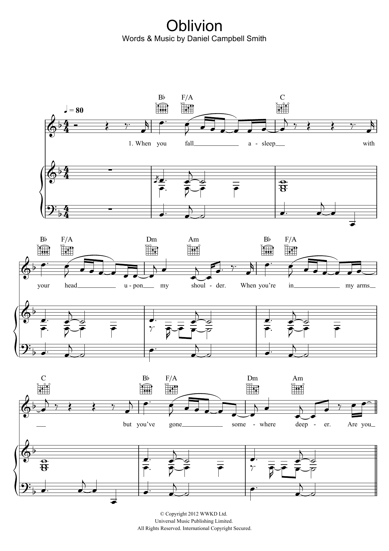 Download Bastille Oblivion Sheet Music and learn how to play Piano, Vocal & Guitar PDF digital score in minutes