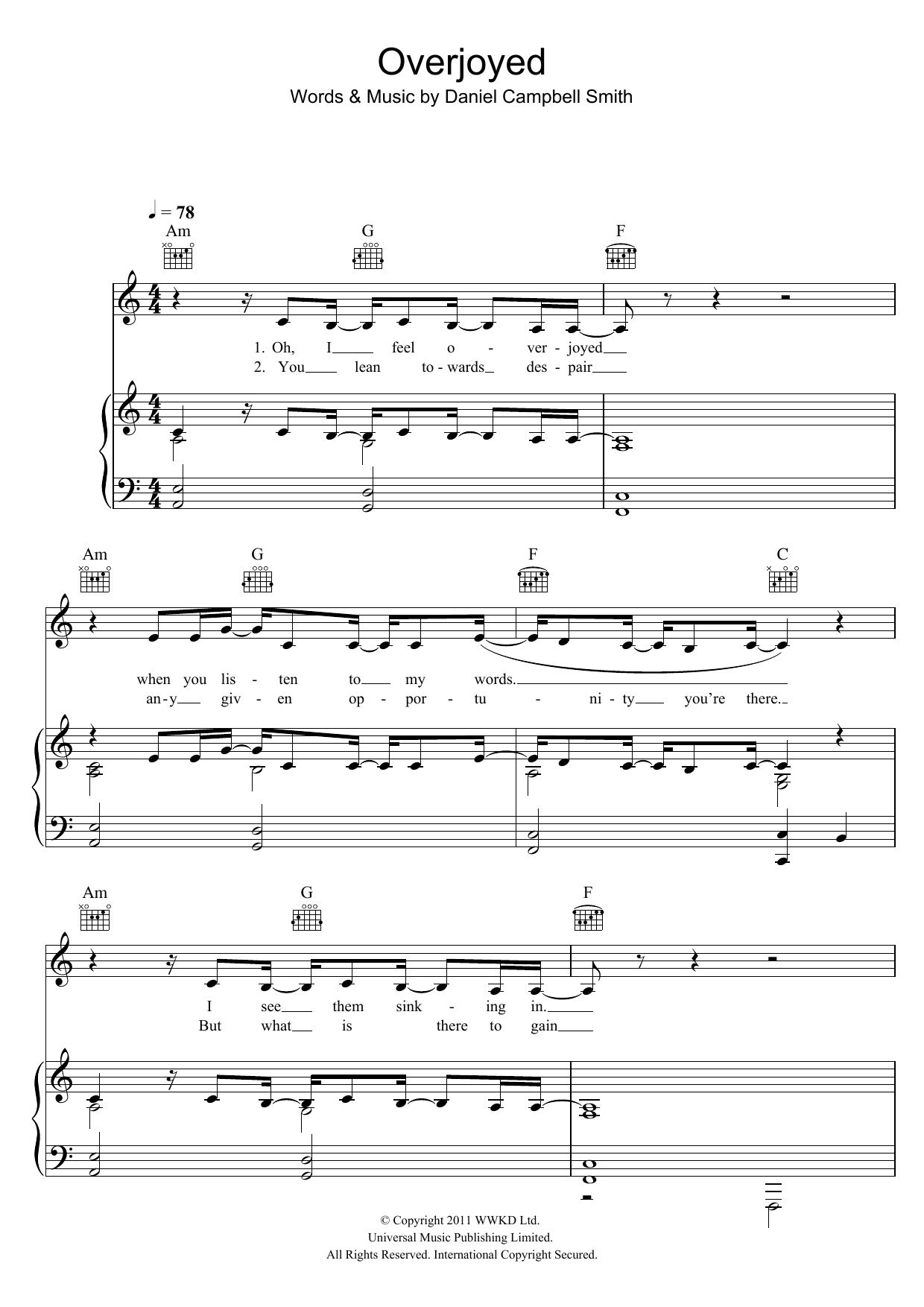 Download Bastille Overjoyed Sheet Music and learn how to play Piano, Vocal & Guitar (Right-Hand Melody) PDF digital score in minutes
