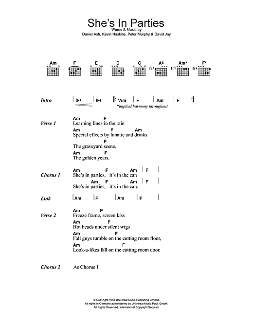 Download Bauhaus She's In Parties Sheet Music and learn how to play Lyrics & Chords PDF digital score in minutes