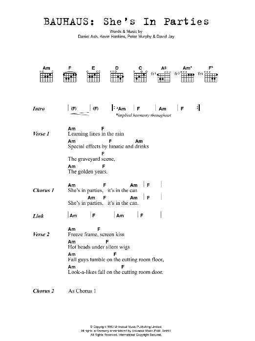 Download Bauhaus She's In Parties Sheet Music and learn how to play Lyrics & Chords PDF digital score in minutes