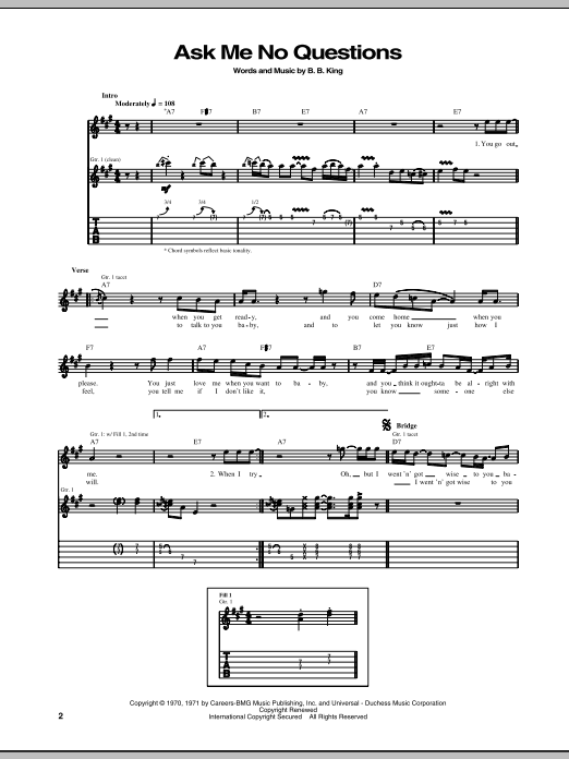 Download B.B. King Ask Me No Questions Sheet Music and learn how to play Guitar Tab PDF digital score in minutes